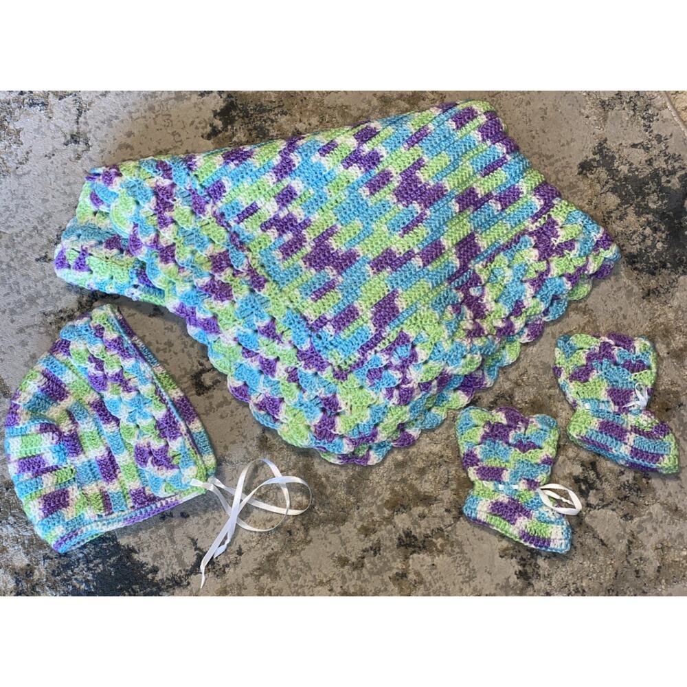 Homemade Crochet Afghan Baby Blanket 43x31 With Matching Bonnet & Booties